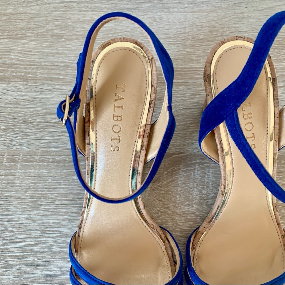 Bright Blue Suede Ankle Strap Cork Heel Sandals Talbots - Picture 2 of 7